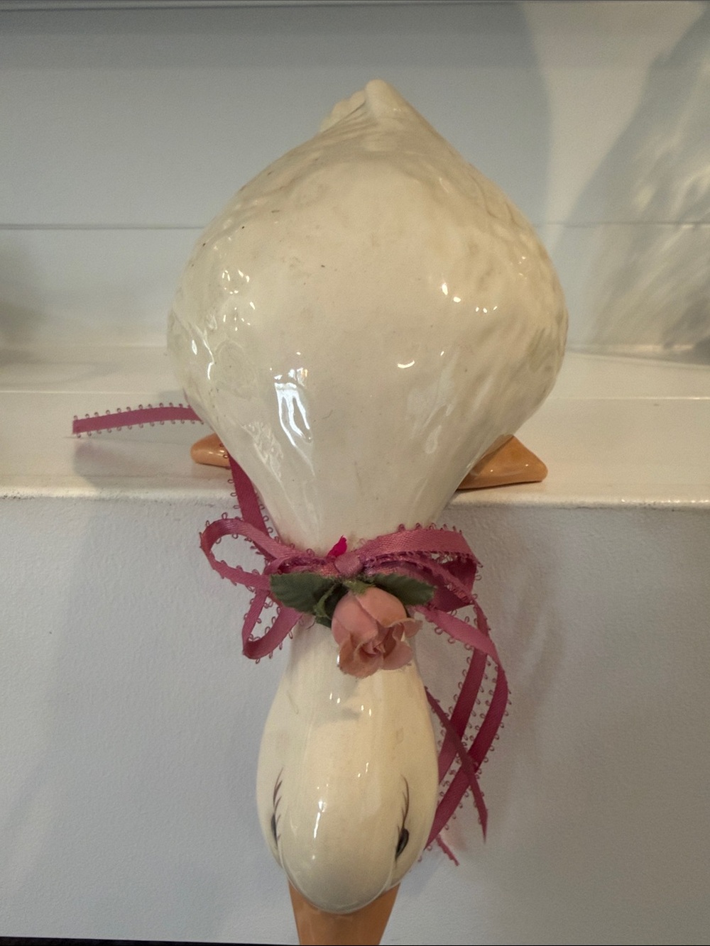 Vintage Ceramic White Duck Figurine with Pink Ribbon Accent
